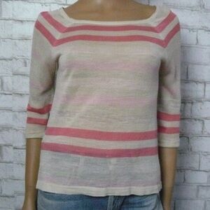 LOFT Pink and Cream Stripes Boat Neck 3/4 length sleeve sheer Sweater size Small